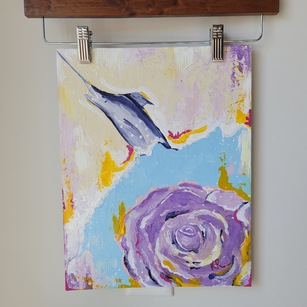 Coastal acrylic painting of swordfish and rose